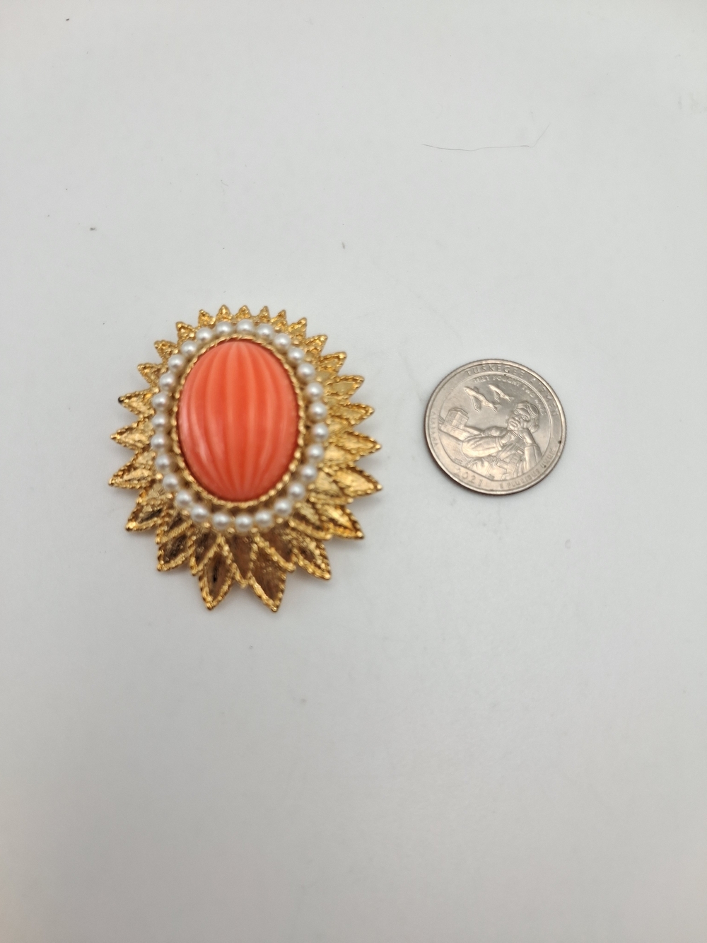 Emmons Gold Sunburst Brooch with Coral Center and Pearl Halo